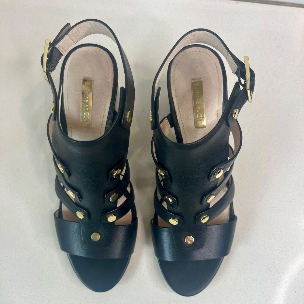 Louise et Cie Lo-Vira black leather sandals, tortoise color block heel - Picture 4 of 15